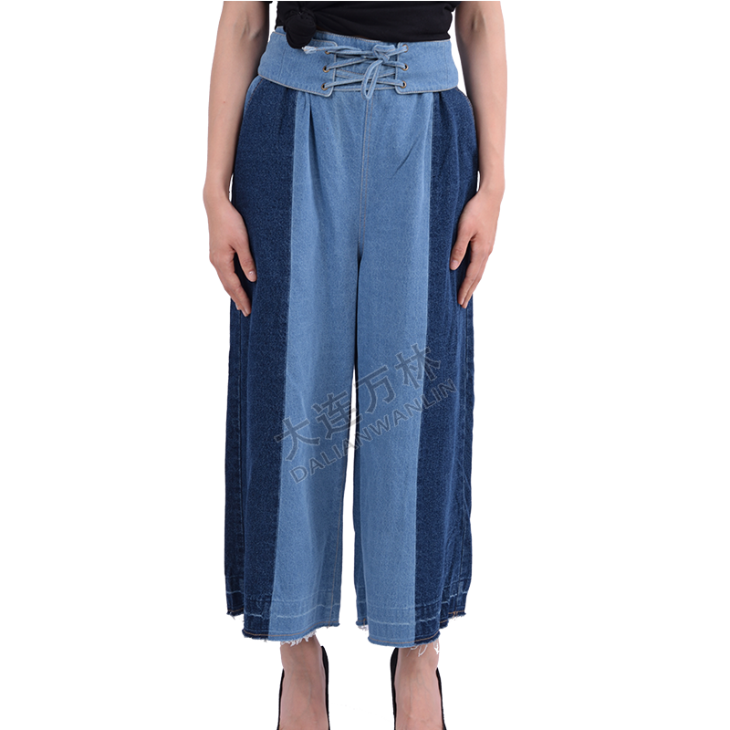 拼接高腰牛仔褲