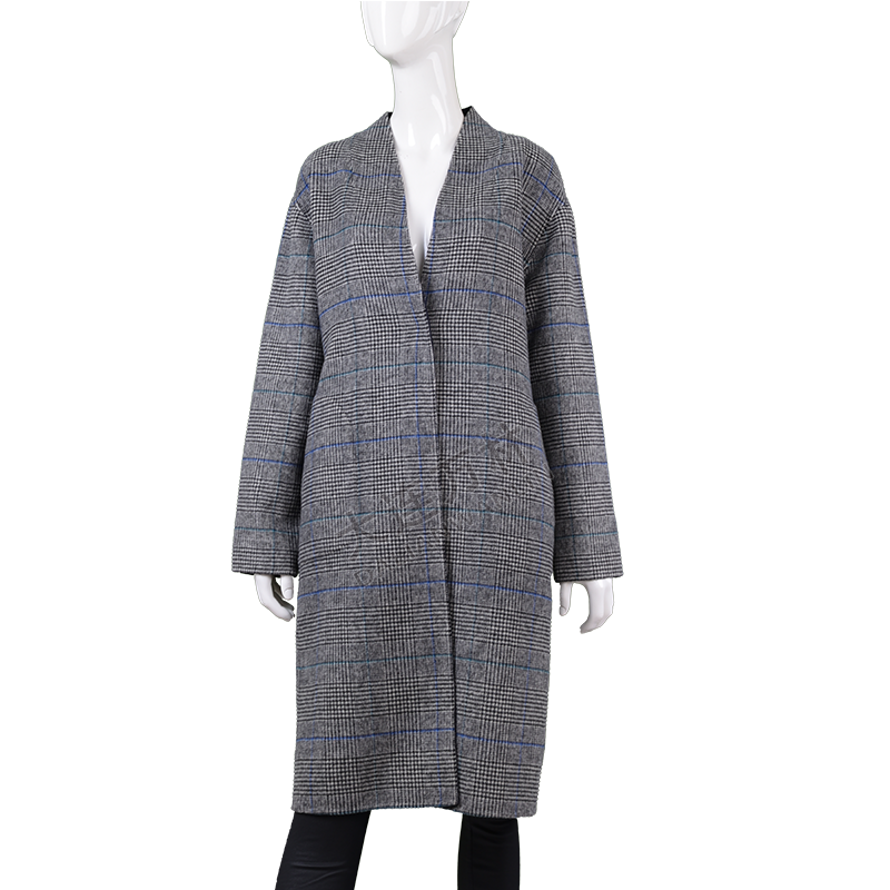 女士簡約格紋長款毛呢