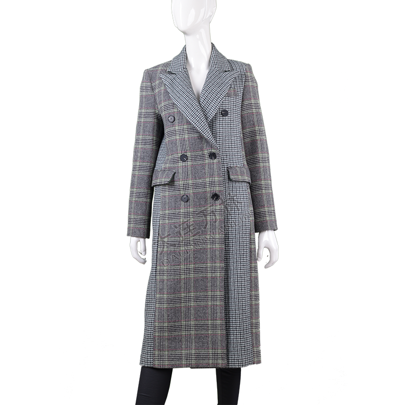 女士復古格紋拼接長款毛呢