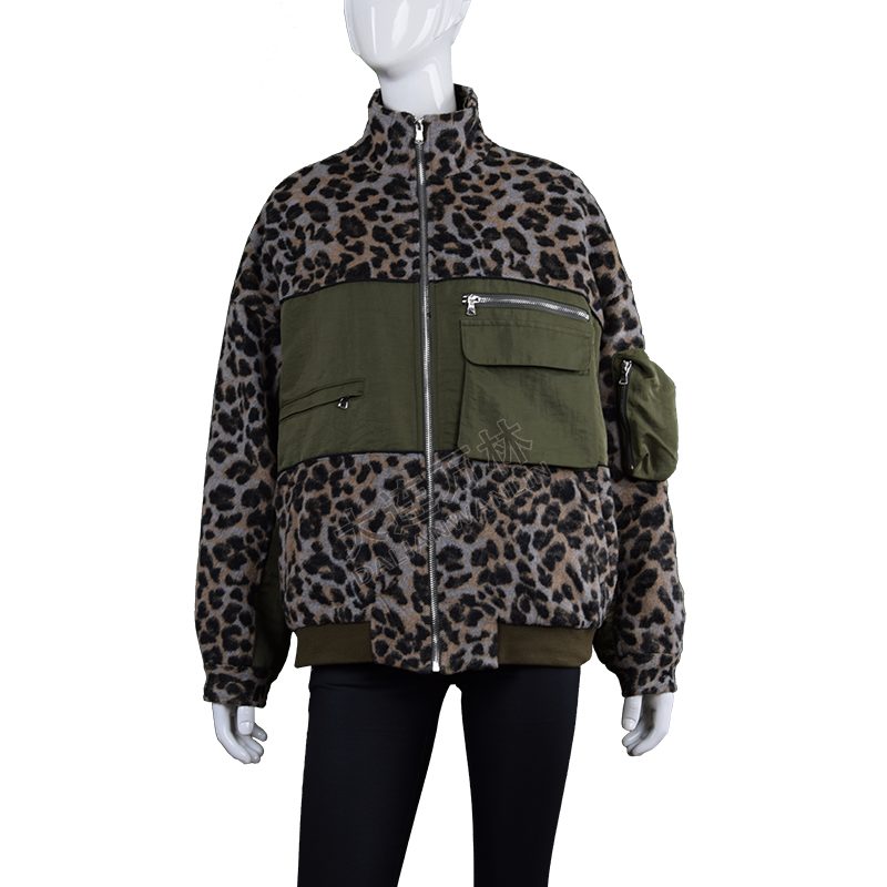 女士豹紋拼接短款棉服
