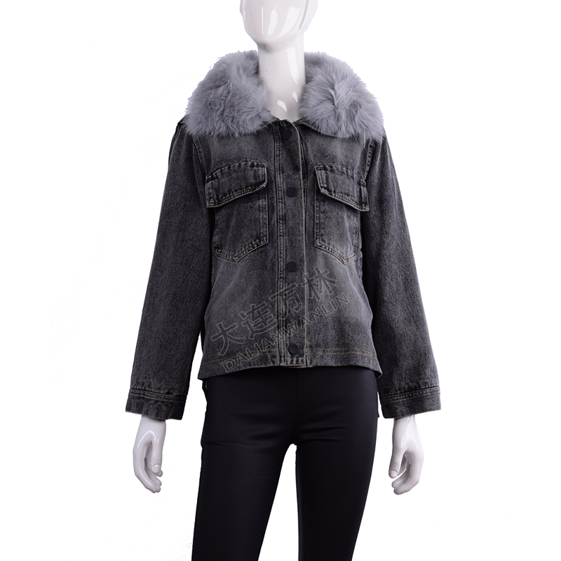 女士毛領牛仔針織拼接外套