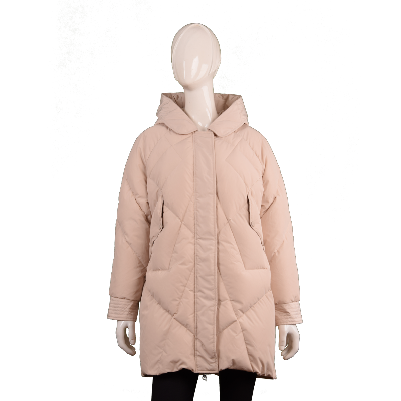 女士翻領中長款抽繩連帽羽絨服