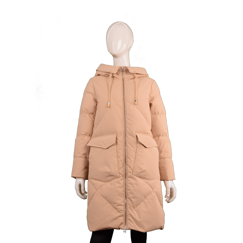 女士翻領連帽純色長款羽絨服